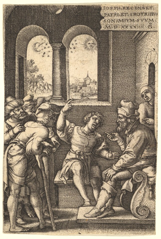 Joseph explains his dream to his brothers and father in an interior setting; the sun, moon, and stars above a landscape in the portal beyond, from the series 'The Story of Joseph' MET DP828520