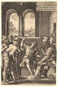 Joseph explains his dream to his brothers and father in an interior setting; the sun, moon, and stars above a landscape in the portal beyond, from the series 'The Story of Joseph' MET DP828520