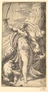 Judith her sword raised in her right hand, placing the head of Holofernes in the sack with her left MET DP825247