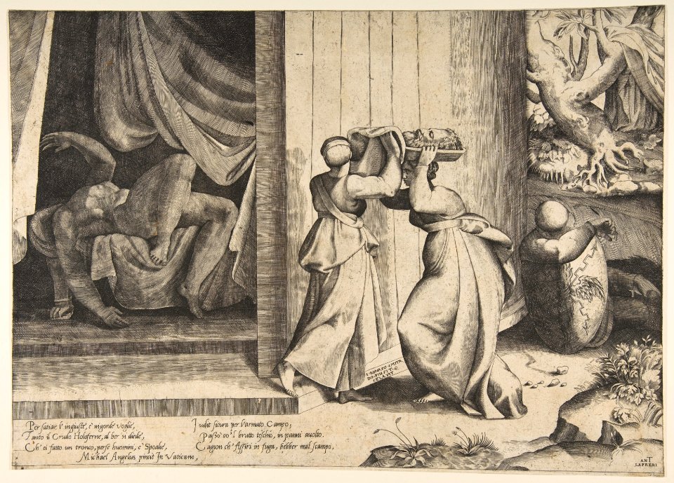 Judith passing the head of Holofernes to her maidservant, the decapitated Holofernes inside the tent at left MET DP812772