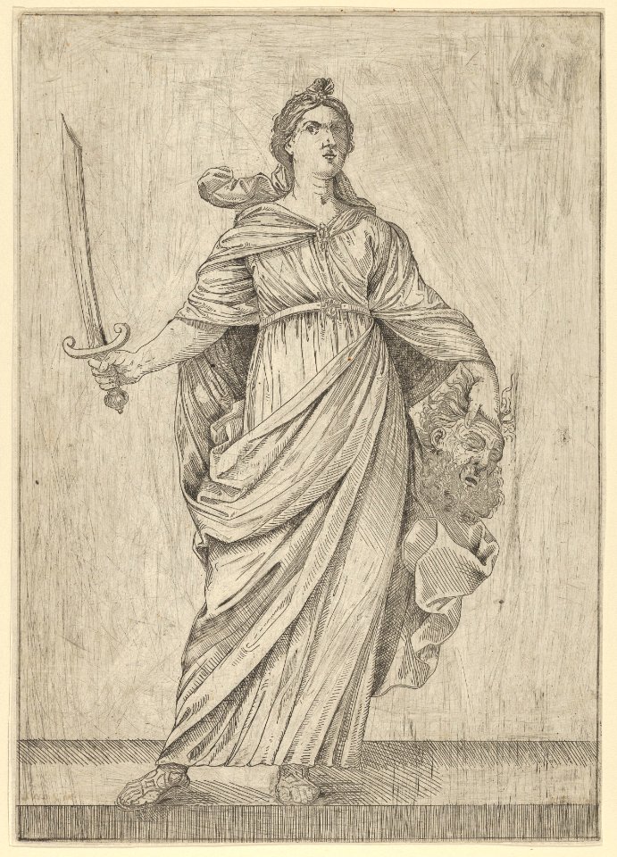 Judith standing on a ledge holding the head of Holofernes in her left hand and a sword in her right MET DP837927