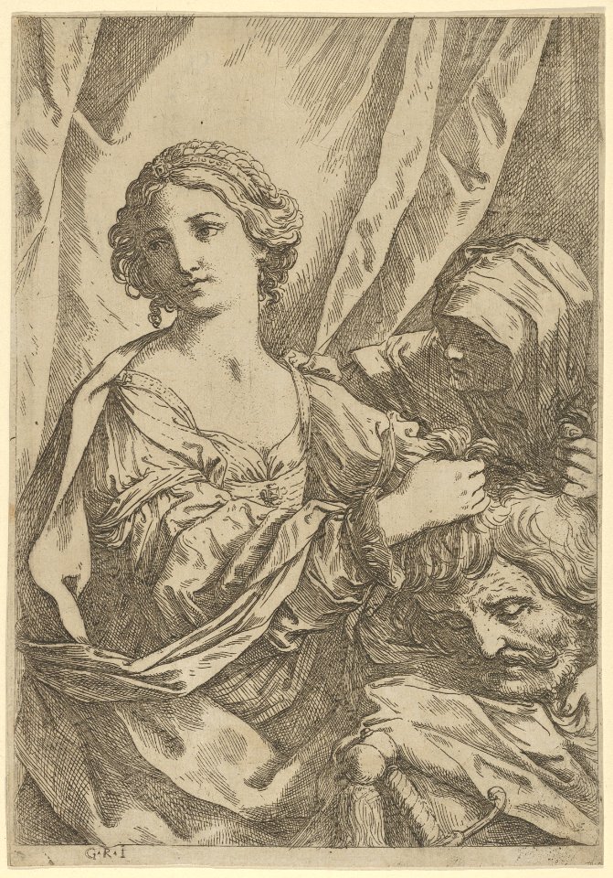 Judith grasping the head of Holofernes by the hair and looking to the left, an old woman at right MET DP837925