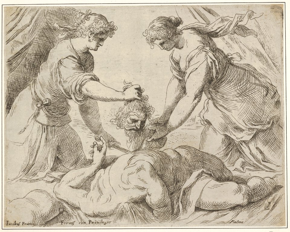 Judith placing the head of Holofernes onto a cloth held by another female figure, the foreshortened body of Holofernes gushes with blood from the neck MET DP832633