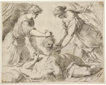Judith placing the head of Holofernes onto a cloth held by another female figure, the foreshortened body of Holofernes gushes with blood from the neck MET DP832633