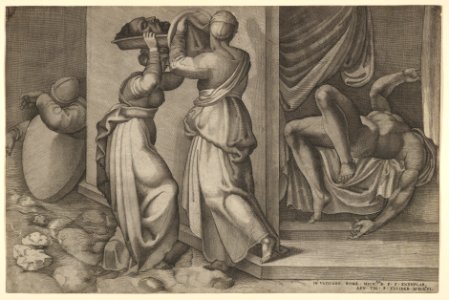 Judith giving the head of Holofernes on a platter, which is about to be covered with a cloth, to her servant, with the foreshortened, naked body of Holofernes at right MET DP831909
