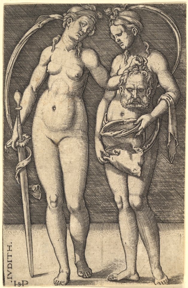 Judith standing to right and holding the head of Holofernes in her right hand and a sword in her left hand, her servant standing to right holding an open bag MET DP828523