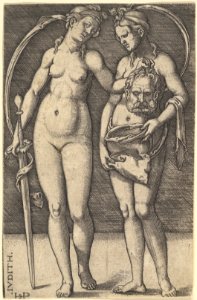 Judith standing to right and holding the head of Holofernes in her right hand and a sword in her left hand, her servant standing to right holding an open bag MET DP828523