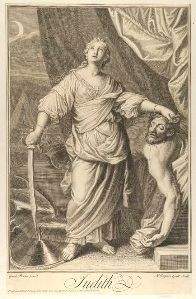 Judith standing and looking up, holding the head of Holofernes in her left hand and a sword in her right, tents in the background, after Reni MET DP841318
