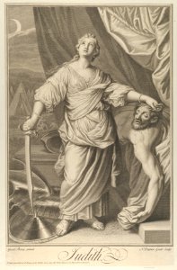 Judith standing and looking up, holding the head of Holofernes in her left hand and a sword in her right, tents in the background, after Reni MET DP841318