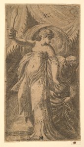 Judith with her sword raised in her right hand and placing the head of Holofernes in the sack with her left MET DP825238