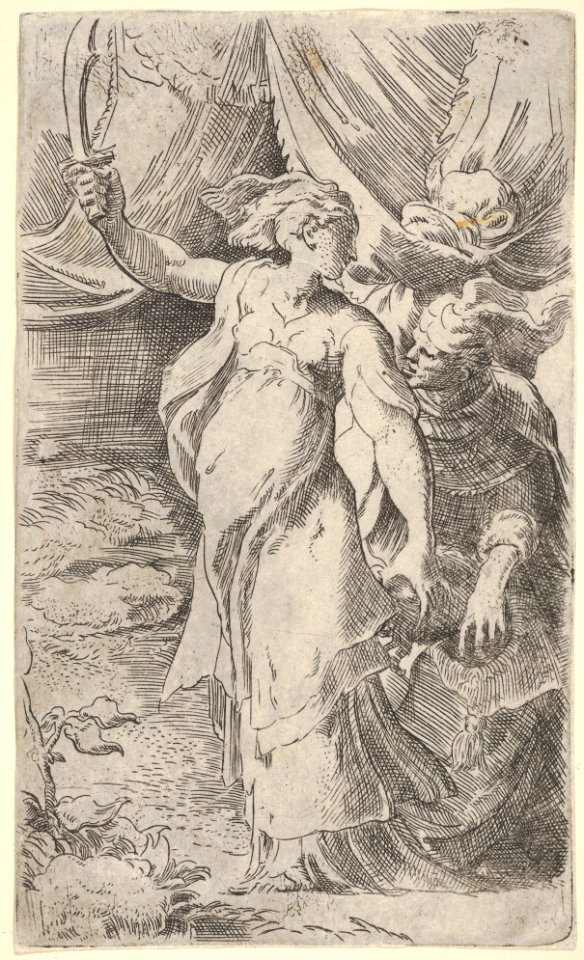 Judith with the head of Holofernes, which she places into a sack held by the figure behind her, she bears a sword in her outstretched right arm MET DP832611