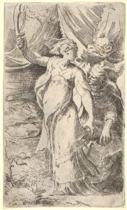 Judith with the head of Holofernes, which she places into a sack held by the figure behind her, she bears a sword in her outstretched right arm MET DP832611