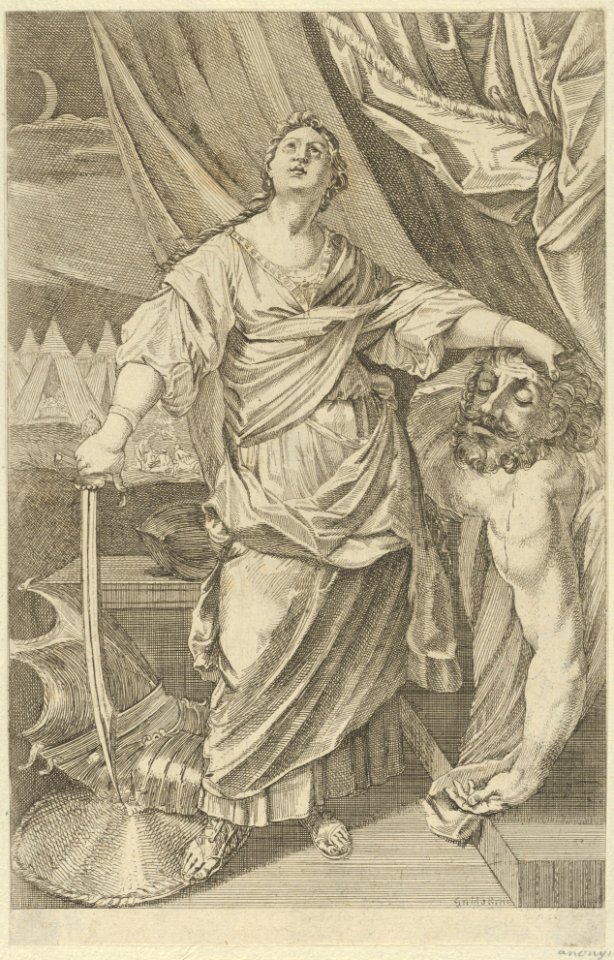Judith standing and looking up, holding the head of Holofernes in her left hand and a sword in her right, tents in the background, after Reni MET DP841471