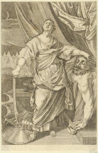 Judith standing and looking up, holding the head of Holofernes in her left hand and a sword in her right, tents in the background, after Reni MET DP841471
