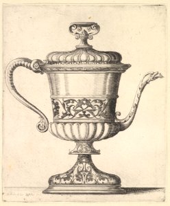 Jug with lid, engraved with arabesque pattern, the narrow spout to right ending in snake's head, handle to left. MET DP823915