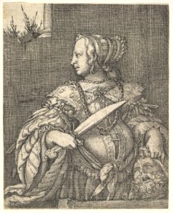 Judith, half-length and in profile to the left, a sword in her right hand and the head of Holofernes in her left hand, an open window at top left MET DP828534