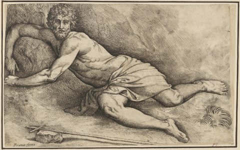 John the Baptist, lying on the ground naked except for a cloth covering his thighs, with his right arm curled around a rock, a reed cross lies on a rock in the foreground MET DP833588