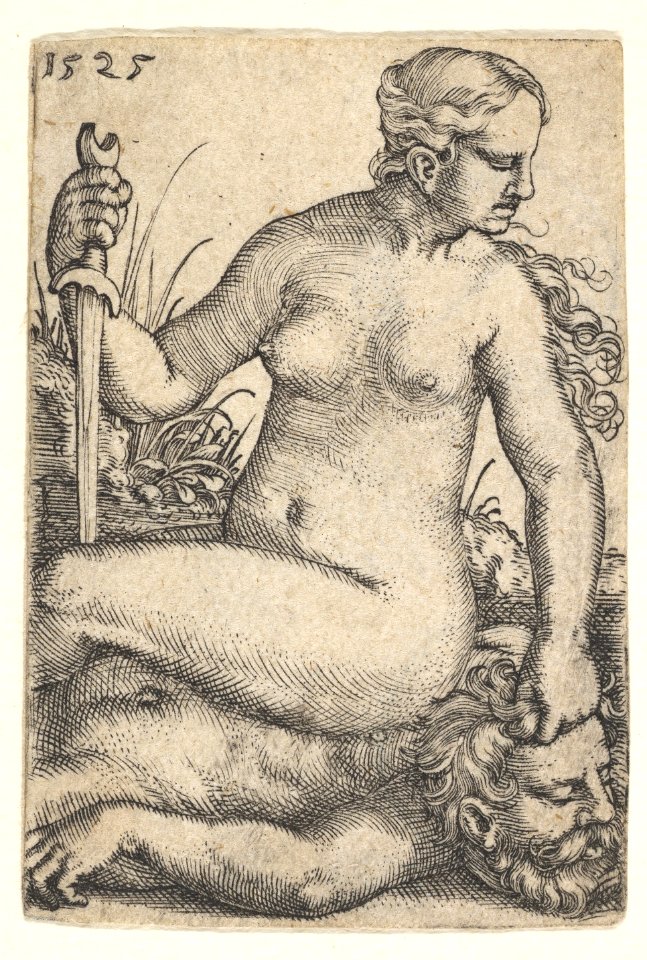 Judith, looking towards the right, seated nude atop the dead body of Holofernes, with a sword in her right hand and the head of Holofernes in her left hand MET DP828547