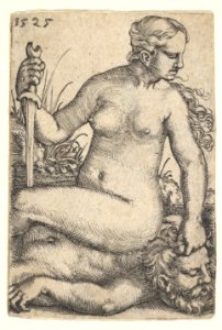 Judith, looking towards the right, seated nude atop the dead body of Holofernes, with a sword in her right hand and the head of Holofernes in her left hand MET DP828547