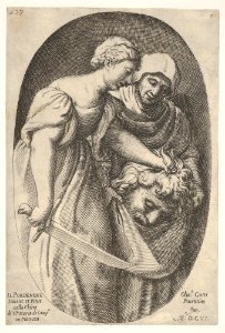 Judith with the head of Holofernes in her left hand and a sword in her right hand, accompanied by a female attendant, from a series of four Old Testament subjects MET DP831526