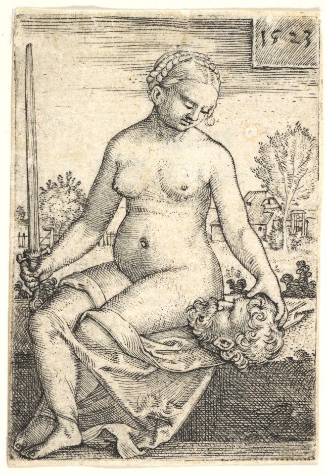 Judith, seated nude with a sword in her right hand, gazing down at the head of Holofernes in her left hand MET DP828545
