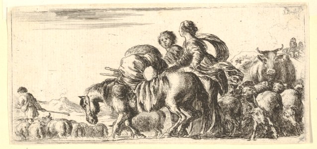 Journey of Jacob and Rachel to the land of Canaan, Rachel directs a horse towards the left, various other animals follow MET DP833235