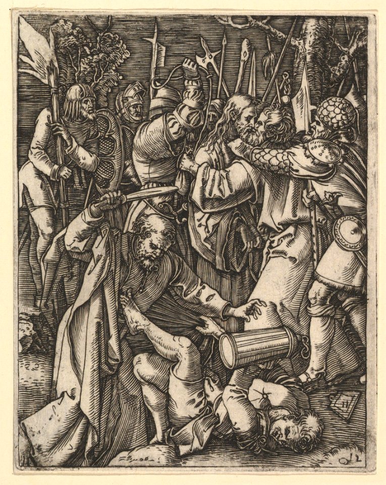 Judas kissing Christ surrounded by soldiers; St Peter attacking Malchus in foreground, after Dürer MET DP820316