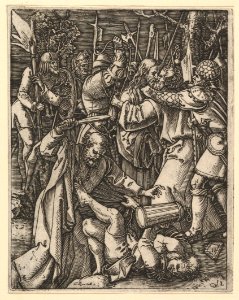 Judas kissing Christ surrounded by soldiers; St Peter attacking Malchus in foreground, after Dürer MET DP820316