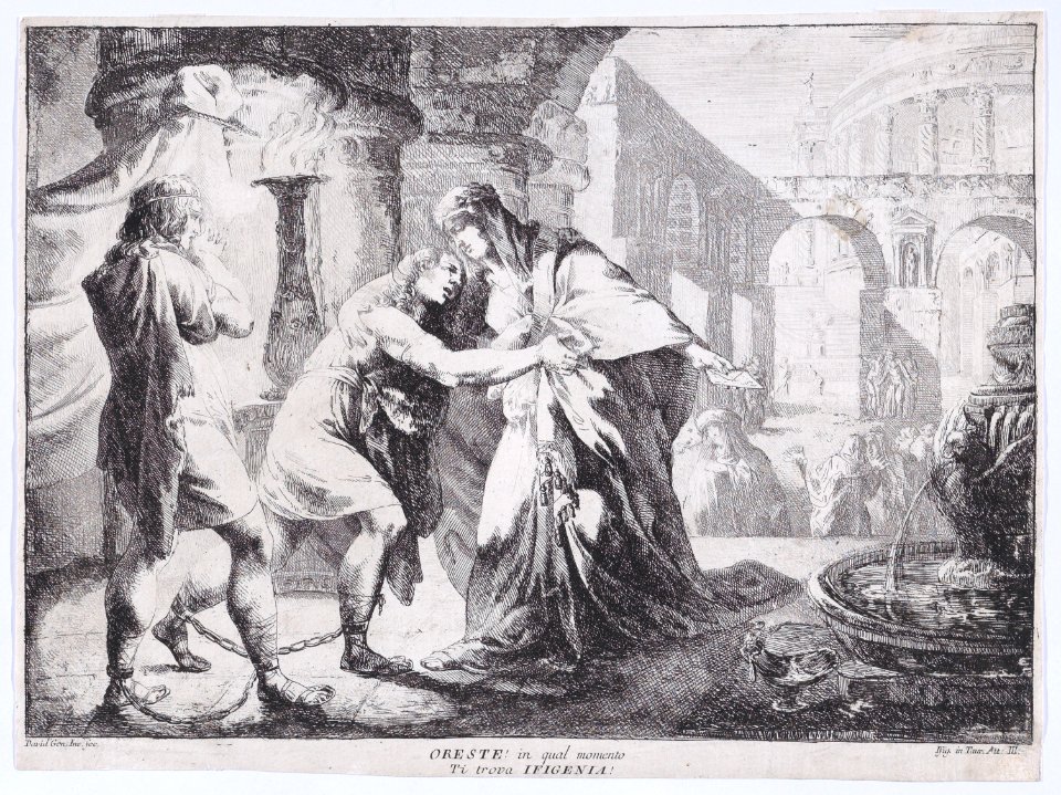 Iphigenia accompanied by Pylades recognises Orestes, whom she is about to sacrifice Met DP888965