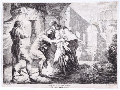 Iphigenia accompanied by Pylades recognises Orestes, whom she is about to sacrifice Met DP888965