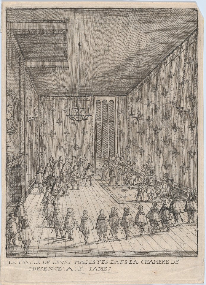 Le Cercle De Leurs Magestes Dans La Chambre De Presence- A- S. Iames; illustration from 'Histoire de l'entrée de la Reyne Mère dans la Grande Brètaigne' MET DP874857
