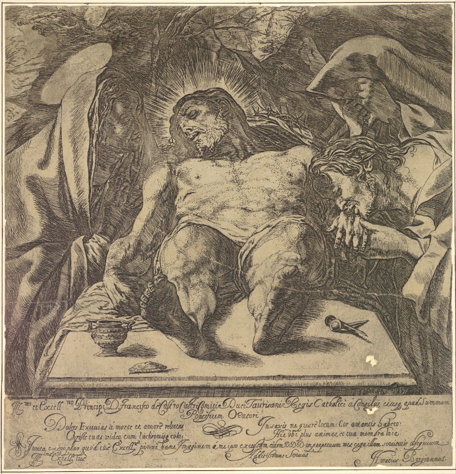 Lamentation over the body of Christ by the three Marys, a jar of ointment on the table to left and two nails to right MET DP832115