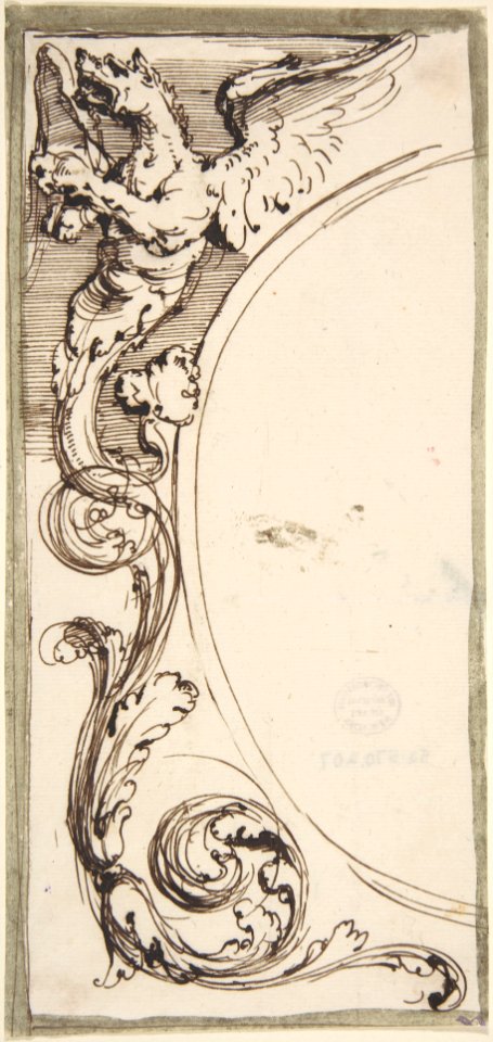 Left Half of a Cartouche with Griffin and Acanthus Scroll MET DP808009