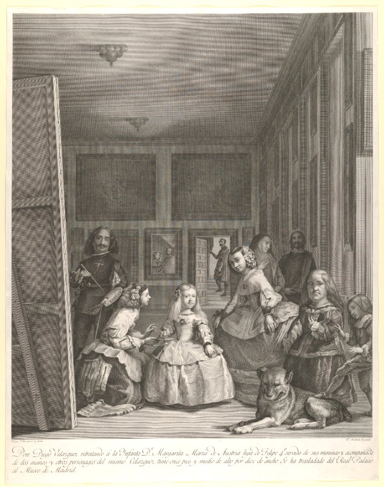 Las Meninas- the family of Philip IV in the foreground with the Infanta Margarita in the centre, Velázquez standing painting at left, the King and Queen reflected in the mirror in the background MET DP836960