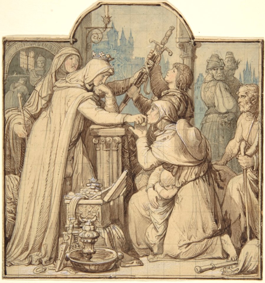 Kriemhild, in Mourning over Siegfried, Handing Out Treasures from the Nibelungen Hoard MET DP803682