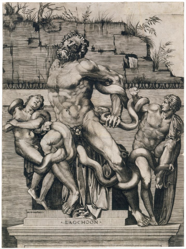 Laocoön and his two sons standing on a pedestal and being attacked by serpents, set before a decaying wall MET DT203427