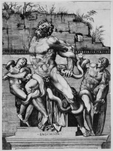 Laocoön and his two sons standing on a pedestal and being attacked by serpents, set before a decaying wall MET MM62956