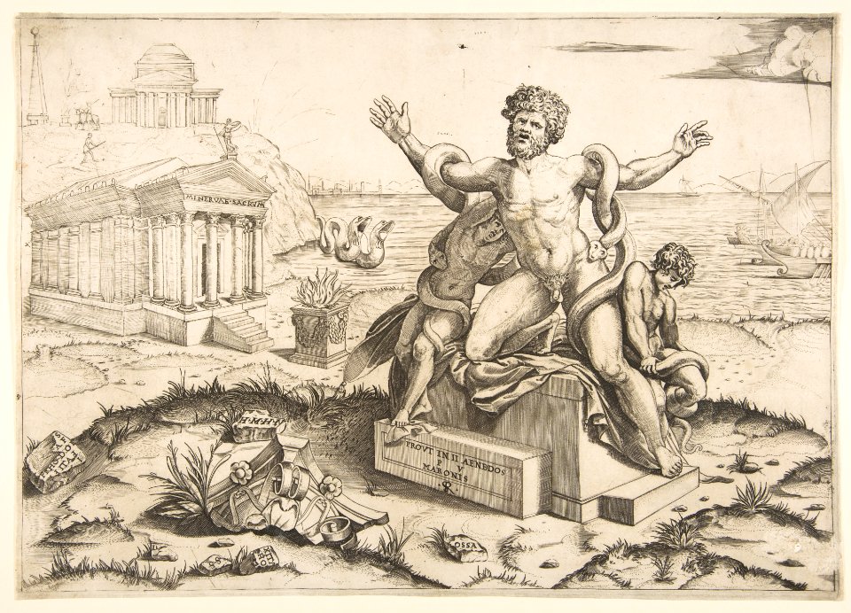 Laocoön and his two sons being attacked by serpents upon a pedestal, a temple to Minerva behind them, another temple and the sea in the background MET DP818694