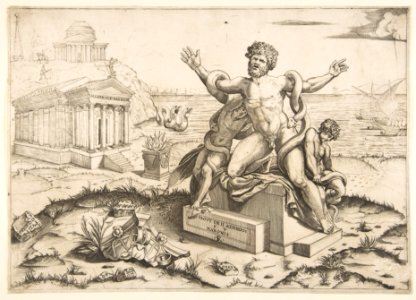 Laocoön and his two sons being attacked by serpents upon a pedestal, a temple to Minerva behind them, another temple and the sea in the background MET DP818694