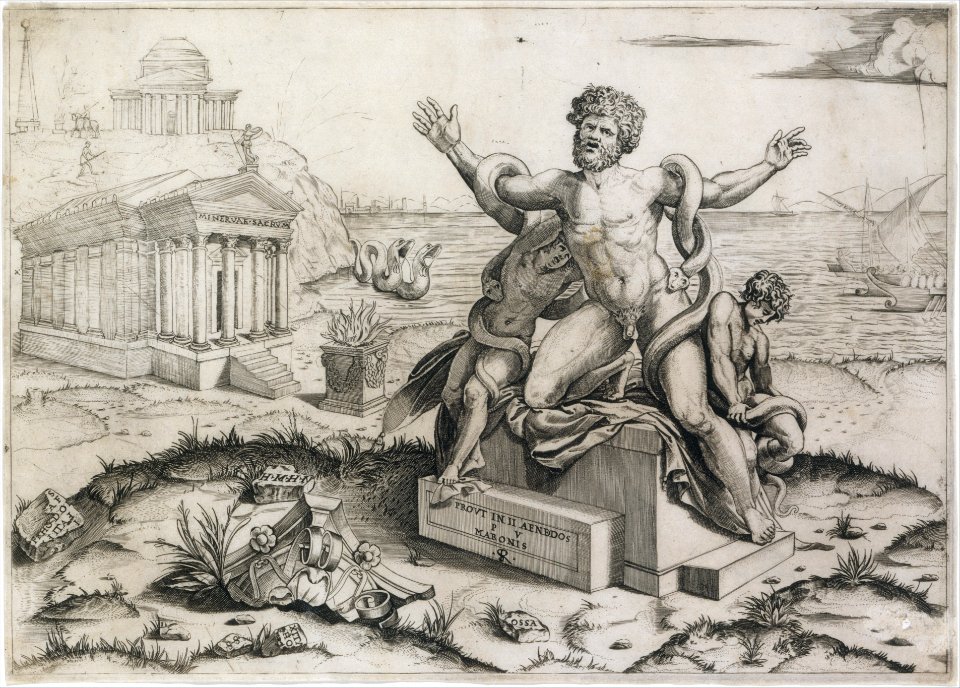 Laocoön and his two sons being attacked by serpents upon a pedestal, a temple to Minerva behind them, another temple and the sea in the background MET DT203395