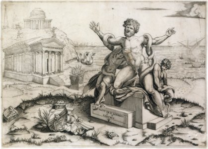 Laocoön and his two sons being attacked by serpents upon a pedestal, a temple to Minerva behind them, another temple and the sea in the background MET DT203395