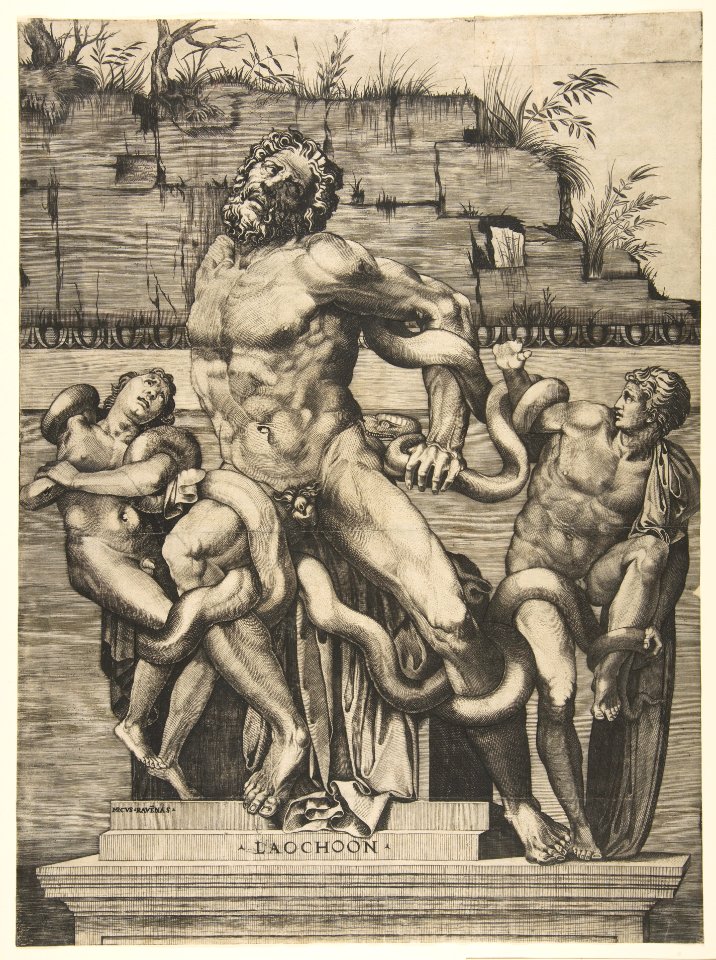 Laocoön and his two sons standing on a pedestal and being attacked by serpents, set before a decaying wall MET DP818695