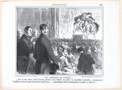 Les Comédiens de Société. Que je suis donc fâché d'avoir permis à ma femme de jouer la comédie en société..., from Actualités, published in Le Charivari, April 1, 1858 MET DP876689