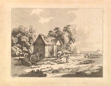 Landscape with Figures Storing Hay in a Barn, a Cart and Horse Lying Down at Left MET DP823308