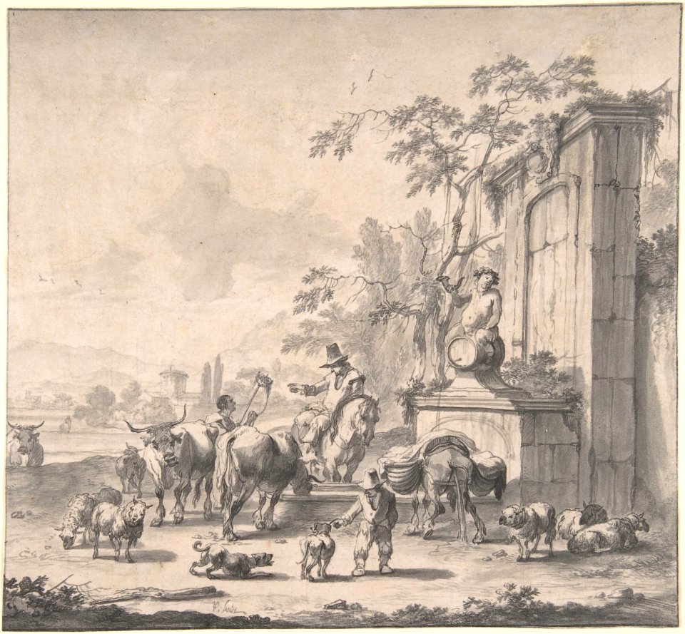 Landscape with Herdsmen, Sheep and Cows Around a Fountain MET DP801850