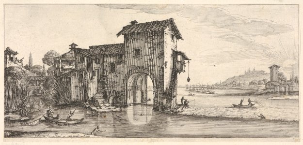 Landscape with water-mill and figures fishing in boat on the left river on the right, from the series 'Italian landscapes' (Diverse vedute designate in Fiorenza - Paysages italiens) MET DP833470