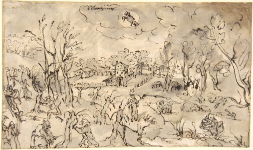 Landscape with Figures Trimming Trees, an Allegory of the Month of March; Verso- Mountainous Landscape with Two Men Crossing a Bridge MET DP801541