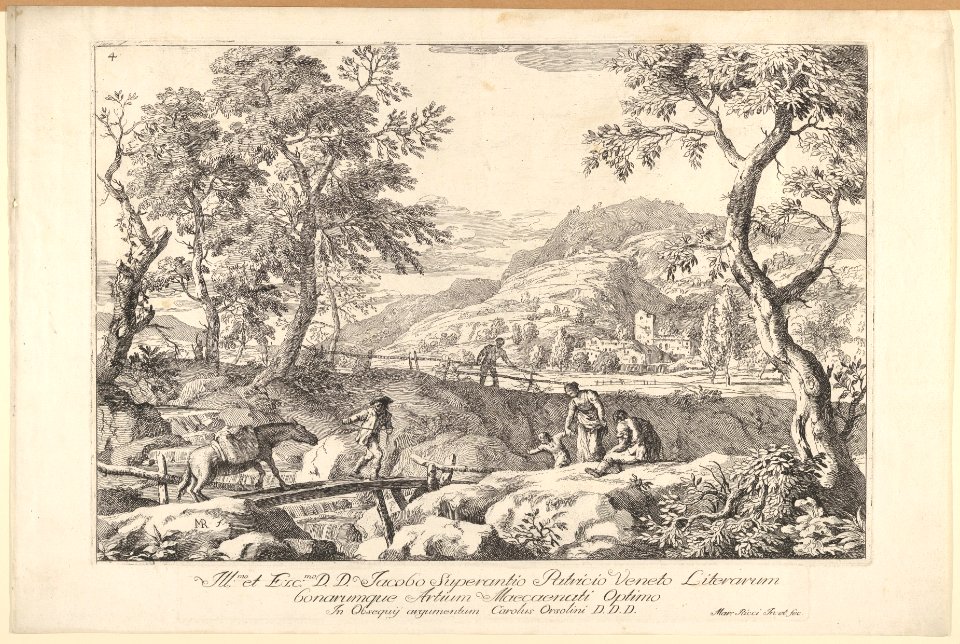 Landscape with man leading a pack horse across a wooden bridge, three figures in right foreground, the silhouette of a man standing at a fence beyond, from the series 'Landscapes' MET DP831921