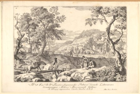 Landscape with man leading a pack horse across a wooden bridge, three figures in right foreground, the silhouette of a man standing at a fence beyond, from the series 'Landscapes' MET DP831921