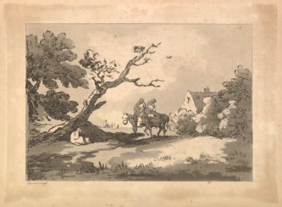 Landscape with Figures on Horseback, Another Resting Under a Gnarled Tree, and a Cottage at Right Nestled in Trees MET DP823304